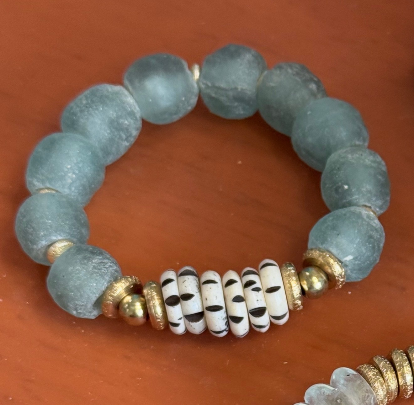 Sea Glass & African Bone Stretch Bracelet